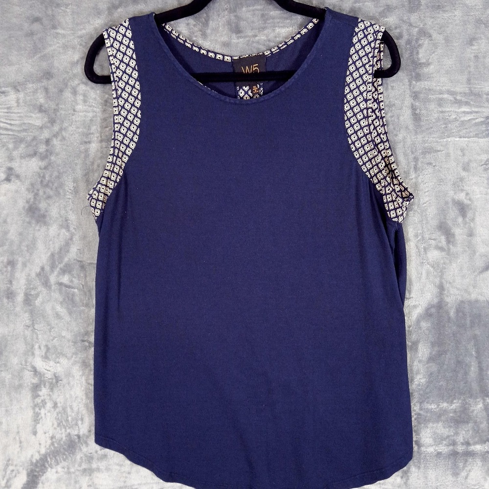 W5 Tank Top Womens XL Navy Blue Sleeveless Blouse Made USA Boho Print Casual